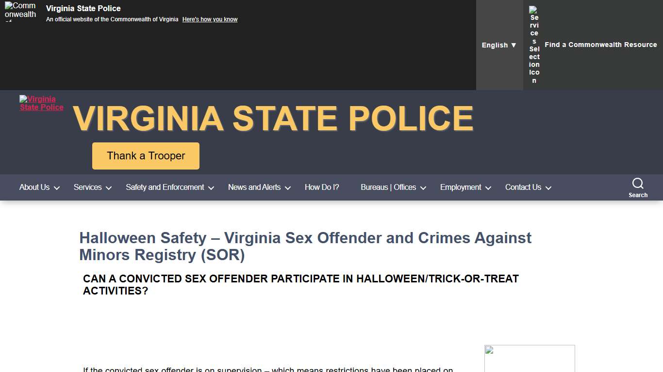 Halloween Safety – Virginia Sex Offender and Crimes Against Minors Registry (SOR) – Virginia State Police