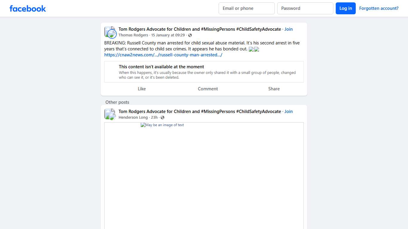 Tom Rodgers Advocate for Children and #MissingPersons #ChildSafetyAdvocate BREAKING: Russell County man arrested for child sexual abuse material Facebook